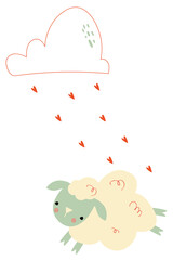 vector card with cute Sheep for printing in the nursery. Illustration of a sheep running under a cloud with hearts, cartoon style 