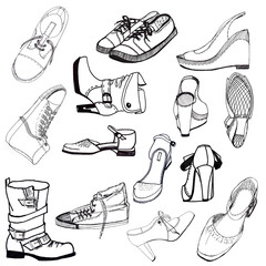 Set of shoes hand drawing objects isolated on white