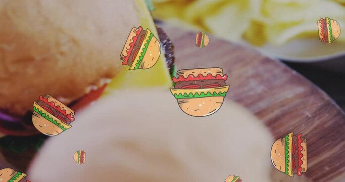Animation of hamburger icons over hamburgers on wooden surface