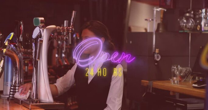 Animation of open 24 hours neon text over caucasian bartender behind bar
