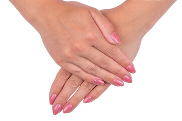 Woman's hands with pink nails manicure Isolated on white background.