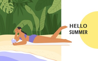 Flat vector illustration a happy woman in bikini sunbathing on the beach. Summer vacation banner on a tropical island. Concept of a vacation at a seaside resort. 