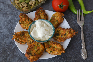 Mucver, Turkish traditional food. (Turkish cuisine) Homemade Food with Zucchini.