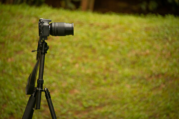 camera on tripod in the green field