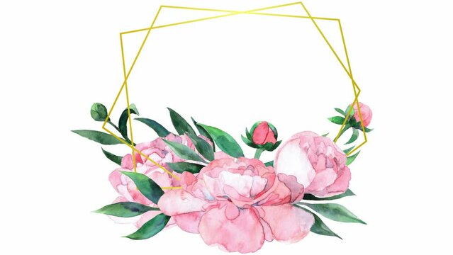 Animated watercolor pink rose with frame. Flower appears. Space for text. Hand drawn llustration isolated on the white background.
