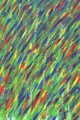 Creative background of colorful brush strokes on canvas closeup. Abstract art background from smeared brush strokes of green red blue yellow colors macro. Drawing painting paint texture backdrop