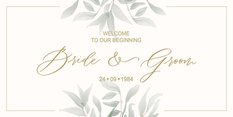 Greenery wedding invitation card background with green watercolor botanical leaves. Abstract floral art background vector design for wedding and vip cover template.
