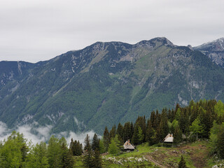 View of traditional Shepard cottages in the valley and the Alps in the background, Velika Planina, Slovenia