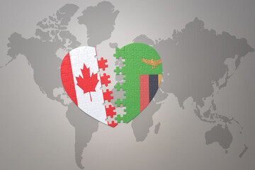 puzzle heart with the national flag of canada and zambia on a world map background.Concept.