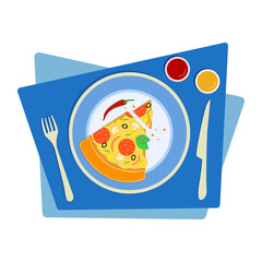 Piece of pizza on a plate with a fork and sauces