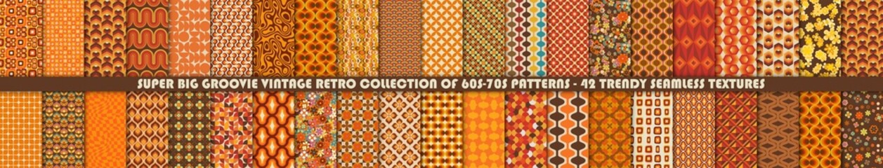 Fototapeta Super big set of 42 colorful retro patterns. Vector trendy backgrounds in 70s style. Abstract modern geometric and floral ornaments, vintage backgrounds obraz