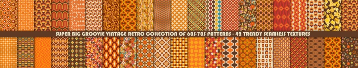 Fotobehang Super big set of 42 colorful retro patterns. Vector trendy backgrounds in 70s style. Abstract modern geometric and floral ornaments, vintage backgrounds © kokoshka
