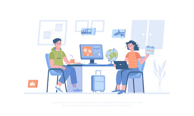 Travel agency, touristic service, tour operator. Company manager consulting client on the choosing vacation tour. Cartoon modern flat vector illustration for banner, website design, landing page.