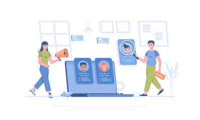 Recruitment agency. Employers and HR are choosing candidate for job vacancy. Cartoon modern flat vector illustration for banner, website design, landing page.