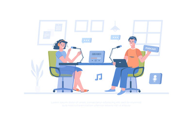 Fototapeta na wymiar Recording audio podcast. Live streaming, broadcast, news, interview, talk show, blog. Man and woman with headphones talking to microphones. Cartoon modern flat vector illustration for banner, website