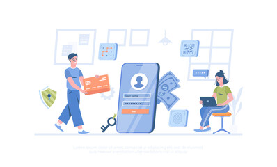 Secure payment system. Safety and confidential data protection. Authentication and verification. Cartoon modern flat vector illustration for banner, website design, landing page.