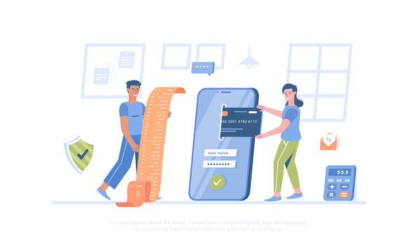 Online payment via mobile application. Bank account app. Pay bills and services online. Cartoon modern flat vector illustration for banner, website design, landing page.
