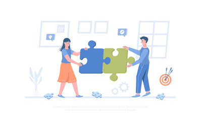 Partnership Teamwork Brainstorming Meeting concept. Business team connecting pieces of puzzles. Cartoon modern flat vector illustration for banner, website design, landing page.