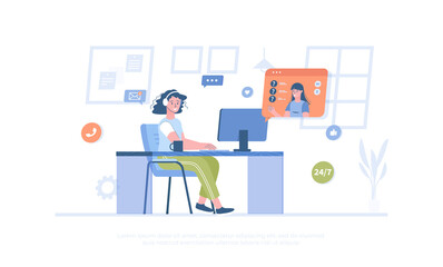 Customer service. Operator in headphones consult clients, answers the questions and solve problems. Cartoon modern flat vector illustration for banner, website design, landing page.