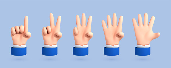 Vector cartoon hands shows fingers, counting from one to five isolated on blue background. 3D cartoon set of counting hands. Hands gesture numbers.