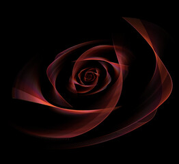 3D illustration. Fractal. The bending of the grid lines in the form of a flower bud. Tea rose on a black background. Close-up. Texture, background, graphic element for web design.