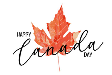 Happy Canada Day greeting card with text lettering. Bright orange red watercolor textured aquarelle artistic maple leaf vector illustration isolated on white background