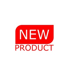 Red color inserted label banner with word new product on white background