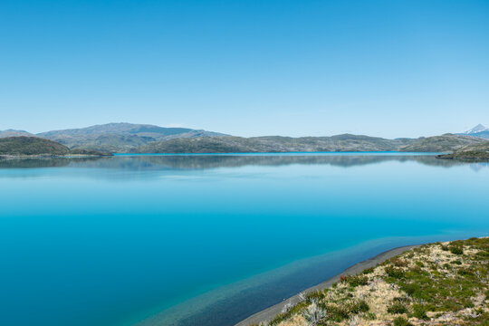 Pehoe lake with blue sky background, Torres del Paine National Park of Chile