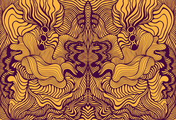 Waves shamanic fractal mandala texture. Ethno style. Plum colors ornament isolated on orange background. Decorative tribal element flower pattern.