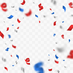 Vector scattered confetti in American, USA colors, red, blue white ribbons on transparent background. Holiday illustration for greeting card, banner, decor, design, party. 