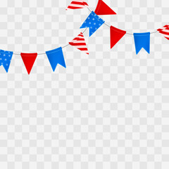 Fototapeta premium Header with garland with red and blue flags with stars and stripes isolated on transparent background. Elements for American, USA Holidays, decor, design, paty, banner, poster, greeting card.