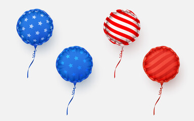 Set of realistic foil balloon with ribbon in American, USA color, red, blue, white, isolated on white. Vector illustration for card, party, design, flyer, poster, decor, banner, web, advertising.