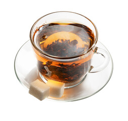 cup of tea with sugar cubes isolated on white.