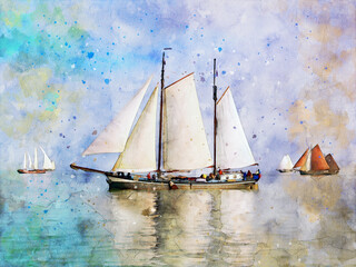 Old boat with sails at sea, watercolor illustration

