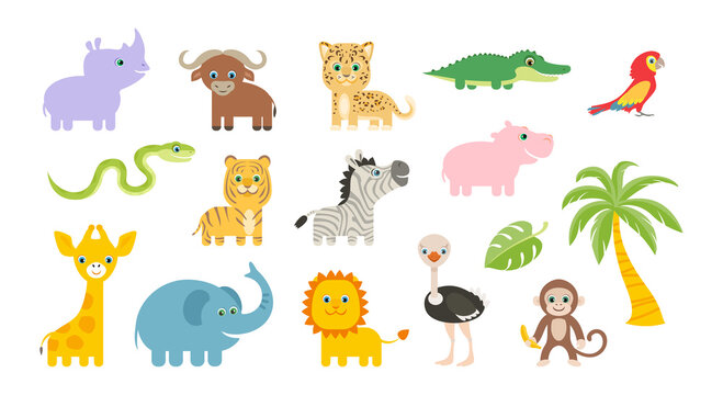 Cute cartoon African animals  set. Funny hippopotamus, tiger, lion, elephant, crocodile, zebra, giraffe, rhinoceros, ostrich, monkey, snake, leopard, buffalo and parrot. Vector flat illustration.