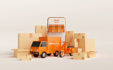 Delivery service on mobile application, Transportation delivery by truck or scooter, 3d illustration