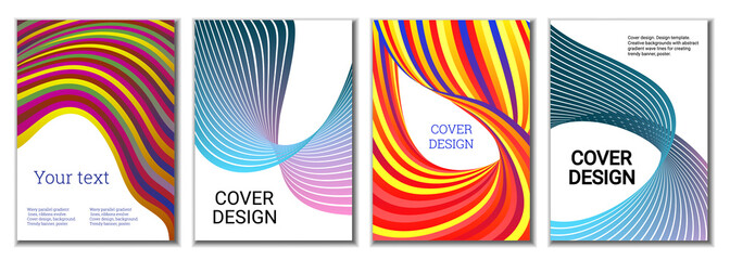 A set of 4 abstract covers. Wavy parallel gradient lines, ribbons evolve. Cover design, background. Trendy banner, poster.
