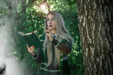 Girl With Magic Wand, wizards cosplay, school of wizarding, student at forest, Halloween and role...