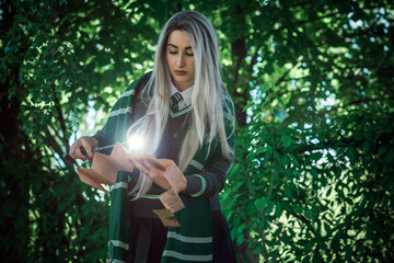Girl With Magic Wand, wizards cosplay, school of wizarding, student at forest, Halloween and role play party ideas