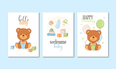 Cute baby boy little bear on blue background with stars and hearts.