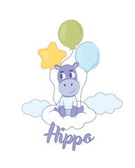 Greeting card Hippo with balloons
