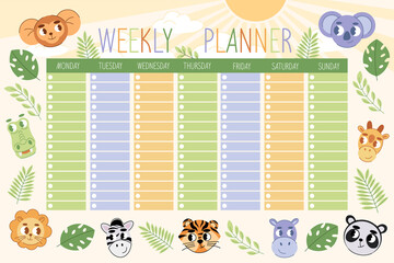 Weekly planner for kid. Child schedule for week with tropical jungle animals and plants.