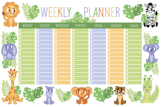 Cute faces of jungle animals. Planner for a week. Vector colorful illustration in simple