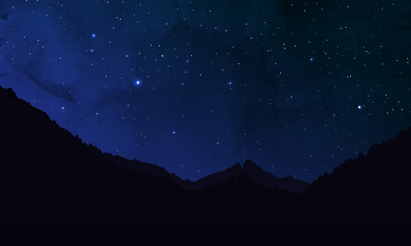 Night sky background with stars and mountains