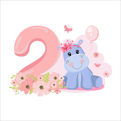 Obraz na płótnie Canvas Cute baby girl hippo. Birthday invitation. Two years, 2 months. Happy birthday.