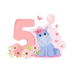 Obraz na płótnie Canvas Cute baby girl hippo. Birthday invitation. Five years, 5 months. Happy birthday.