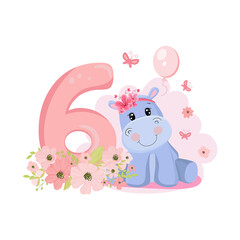 Cute baby girl hippo. Birthday invitation. Six years, 6 months. Happy birthday.