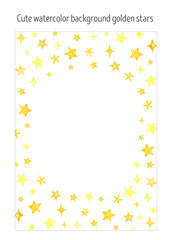 Watercolor confetti golden stars invitation card, layout. Design for birthday party, baby shower.  Glitter  sparkle, magic confetti. Party celebratio frame background