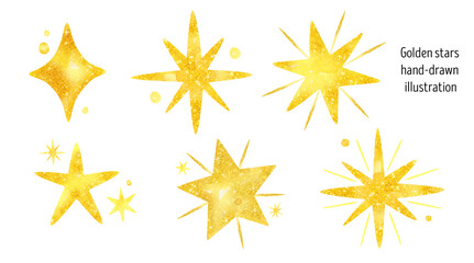 Yellow and gold stars watercolor set.Hand-painted illustration celebration. Abstract texture with glitter stars