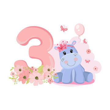 Cute baby girl hippo. Birthday invitation. Three years, three months. Happy birthday.